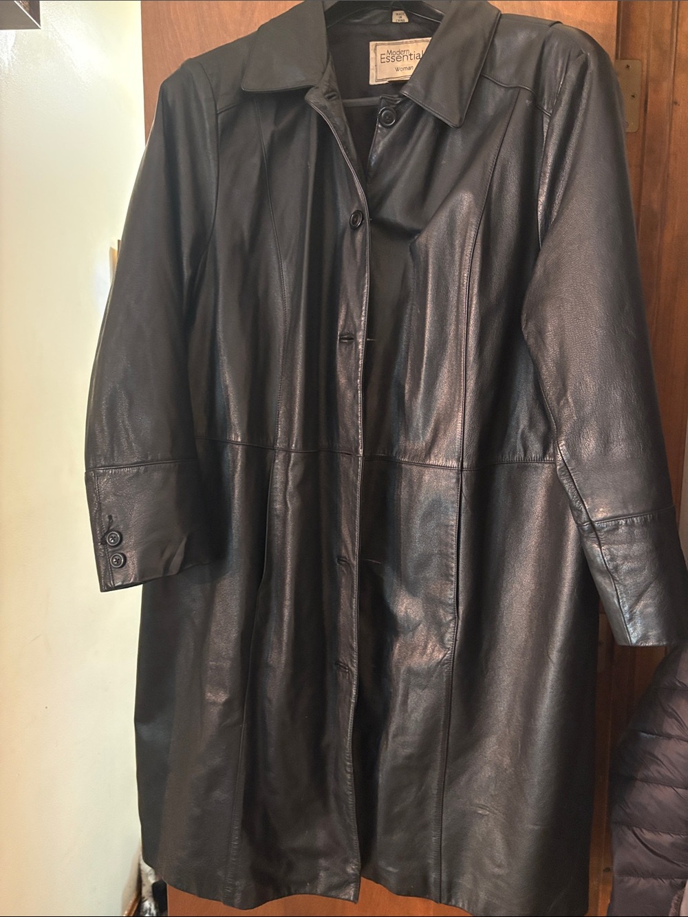 Essentials Black Leather Long Button-Front Coat